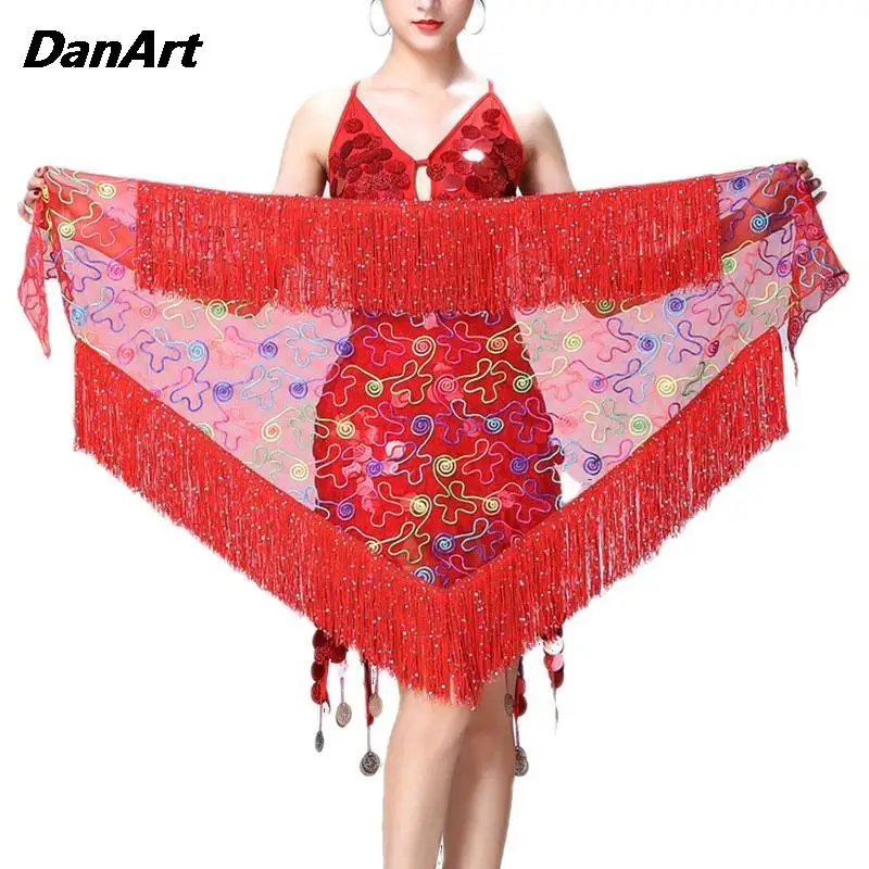 Women New Belly Dance Tassel Waist Chain Ladies Sequins Large Triangular Scarf Dance Performance Waist Scarf Bohemian Hip Scarf