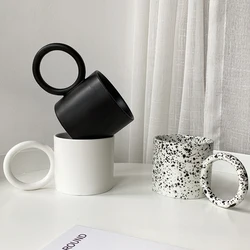 Creative Big Round Circle Handle Mugs Ceramic Personalized Cups White Black Splash-ink For Milk Water Tea Kitchen Tableware Gift