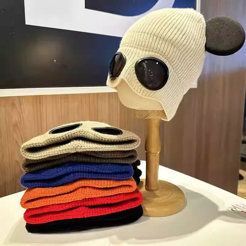 Autumn and Winter Mouse Ears Knitted Wool Cap Pilots Sunglasses Beanies Versatile Cold Warm Beanies Hat