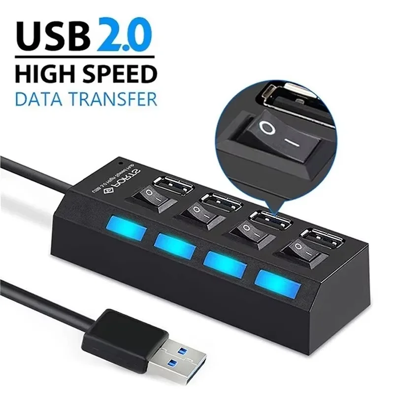 USB Switch Extension Hub 4-Port Adapter With ON/OFF LED Indicator Multiple Expander For PC Laptop Desktop MacBook Computer Kit
