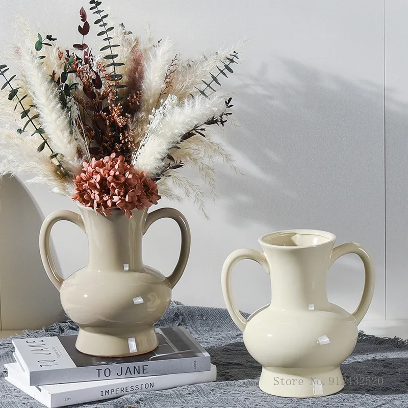 

Creative Art Ceramic Binaural Bottles, Chinese style Household Dining Table Living Room Bedroom Study Decor Hydroponic Vase, 1Pc