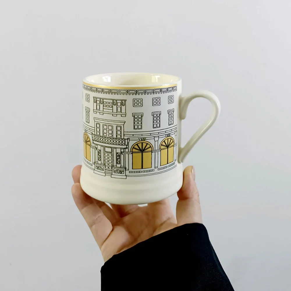 Vintage Building Print Ceramic Mug Home Use Office Coffee Tea Cup with Handle Tabletop Decor Breakfast Porcelain Milk Mugs