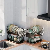 2 tier dish drying rack drain board set tableware drainer Kitchen countertop storage rack cup holder Knife and fork holder - Image 4