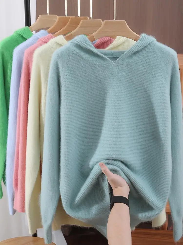 

100% Mink Cashmere Sweater Women Hooded Long Fluff Pullover Autumn Winter Striped Raglan Sleeve Knitwear Warm Soft Clothing Tops