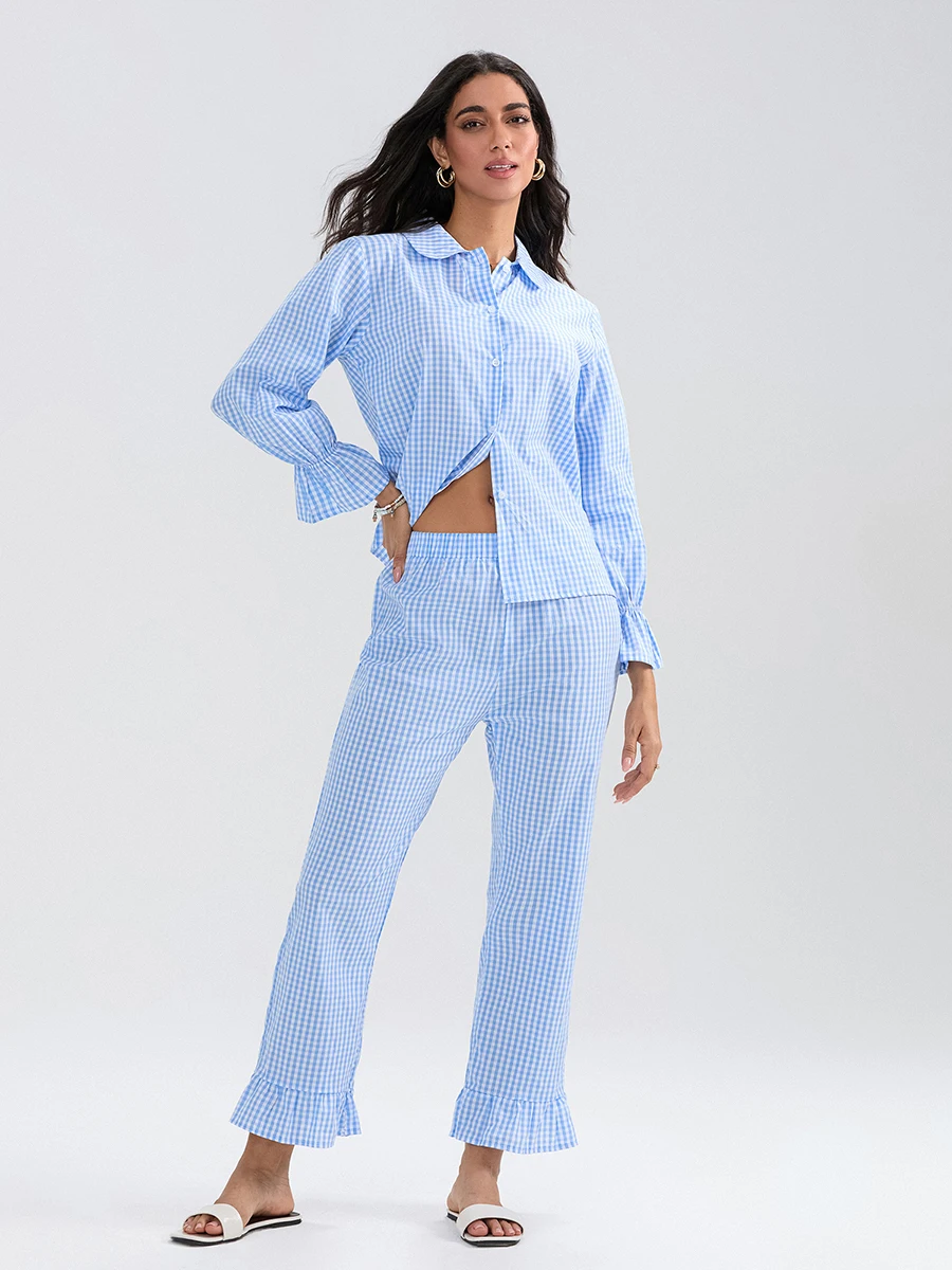 Women Pajamas Lounge Set Plaid Flare Cuff Long Sleeve Shirts Tops and Pants 2 Piece Loungewear Outfits