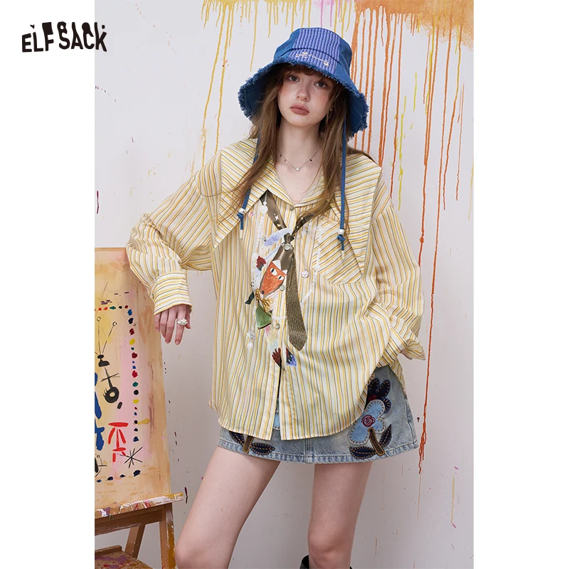 

ELFSACK Novelty Print Shirt with Trompe-l'oeil Tie, Hand-Drawn Striped Relaxed Blouse with Dramatic Pointed Collar