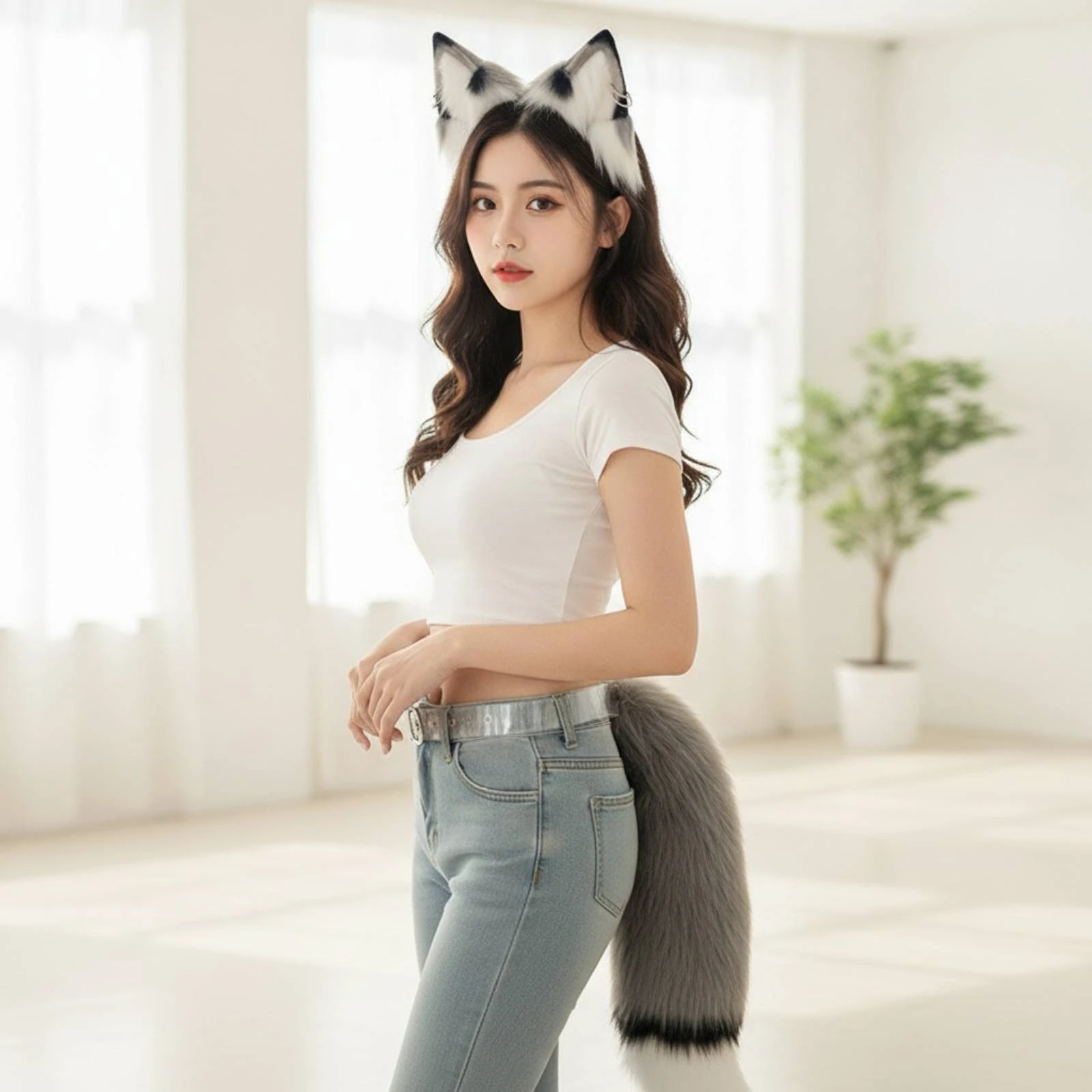 Canine Ears and Tail Set Fluffy Canine Cosplay Set Dress-up Kit Soft Soft Accessory Cute for Cosplayers, Halloween, Conventions