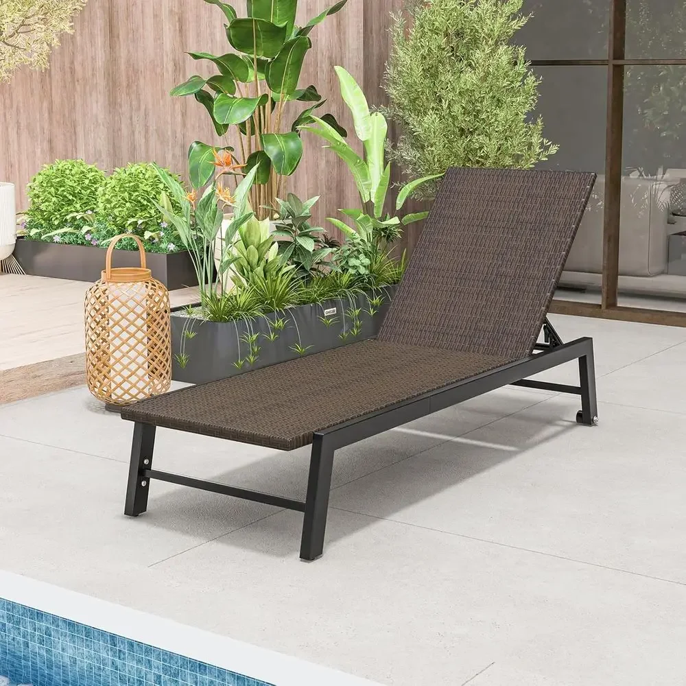 Outdoor 4-Position Reclining Patio Chaise Lounge Chair with Wheels, Deck and Poolside (Mix Brown)