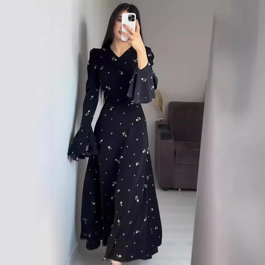 2024 Kaftan Gewaad Lotusblad Mouwen Taille Omwikkeld Gefragmenteerde Bloemen Zachte Stijl Lange Jurk Casual Kantoor Dame Moslim Jurken