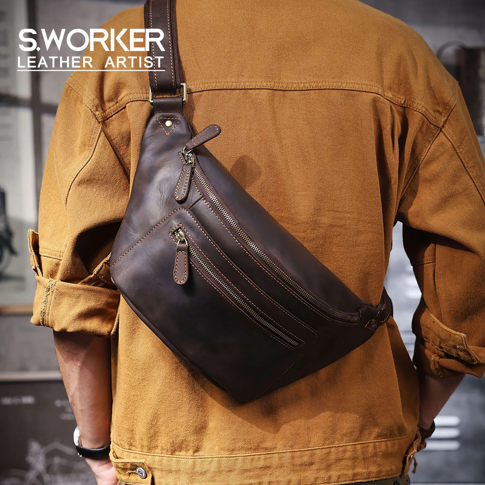 S.WORKER Vintage Brusttasche aus echtem Leder für Herren, Vintage, langlebige Brusttasche, Umhängetasche für Herren, Geschenk für Weihnachten – Detail 2