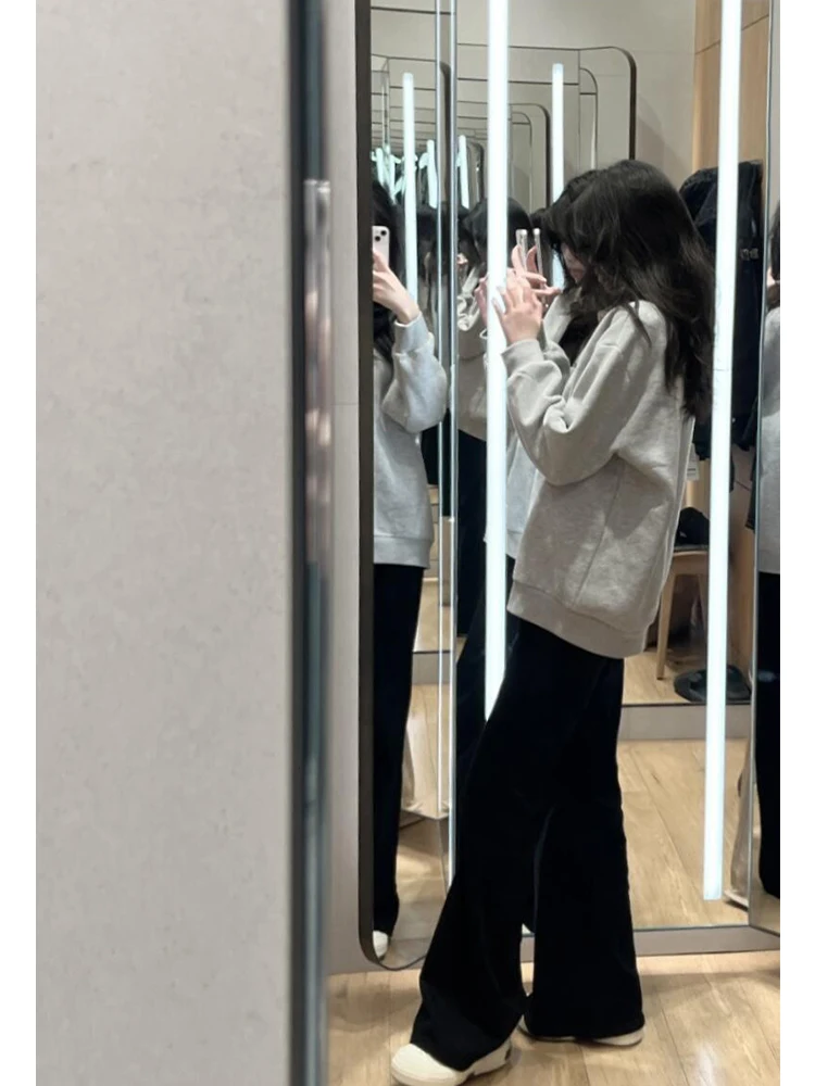 Coreano sle xadrez solto ajuste feminino ne suor outono inverno fce forrado casual versátil preguiçoso sle topo