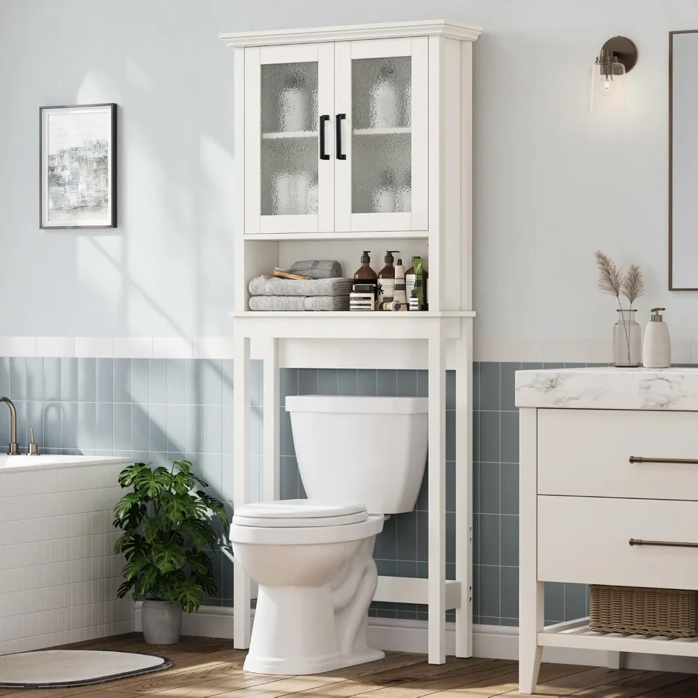 

Over The Toilet Storage Cabinet, Over Toilet Bathroom Organizer with Doors and Adjustable Shelf, Thicken Frame Above Toilet Stor