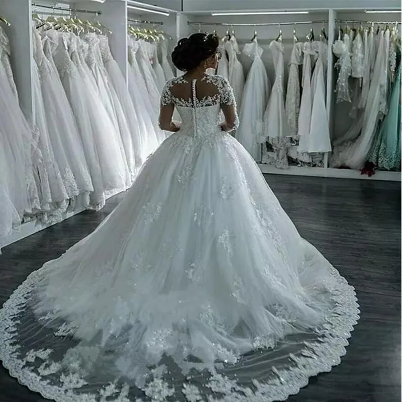 Customized Ball Gown Wedding Dresses Vestido De Noiva Long Sleeves Fashion Lace Court Train Princess Bridal Gowns Formal image 4