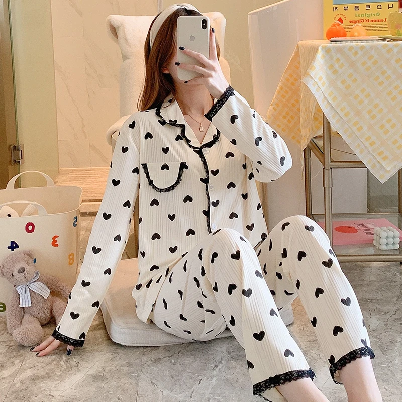 

Pajamas women ins spring and autumn new suits thin lace cardigan lapel 180g milk silk pit strip long-sleeved home clothes