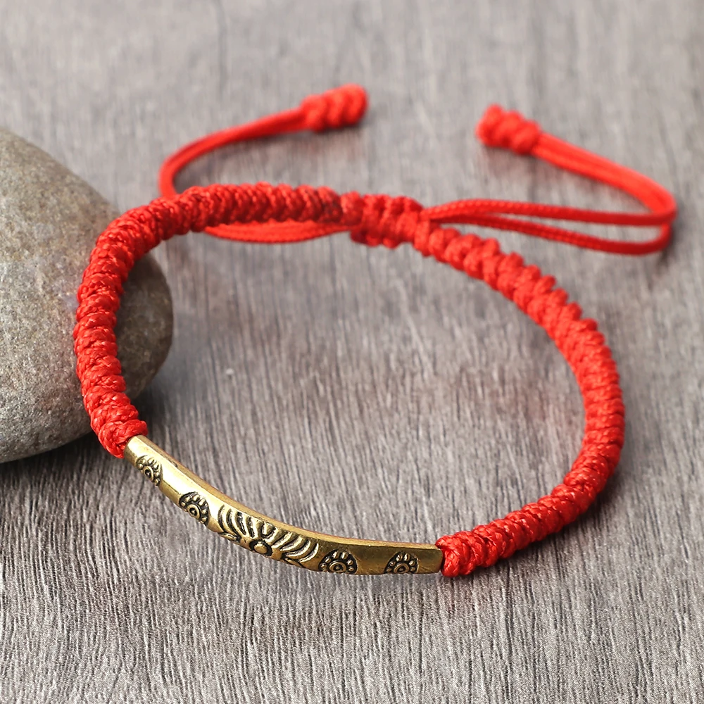 Golden Color Long Tube Braided Bracelet Lucky Red Black Thread Handmade Adjustable Bangle Men Women Buddhism Jewelry Prayer Gift