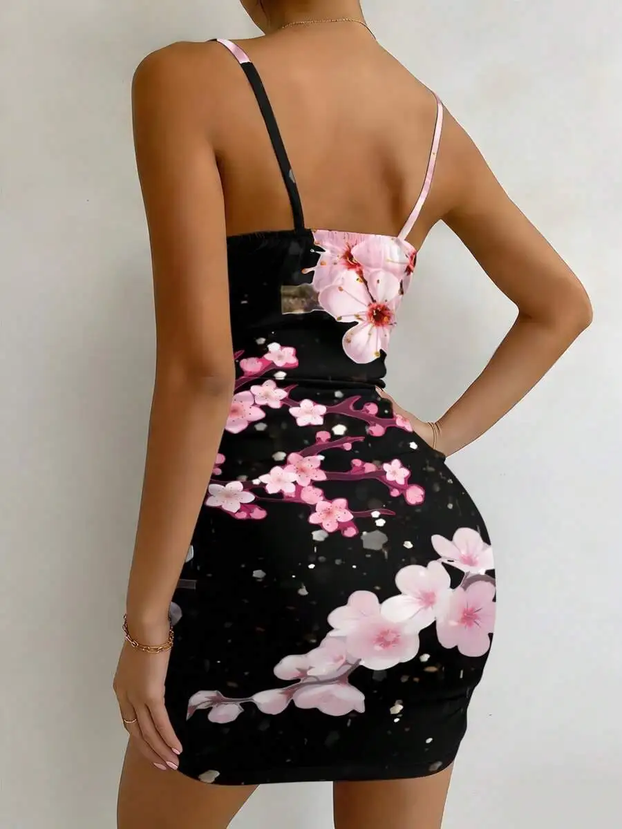

Black Pink Cherry Blossom Print Knit Cami Mini Dress For Women Summer Vacation
