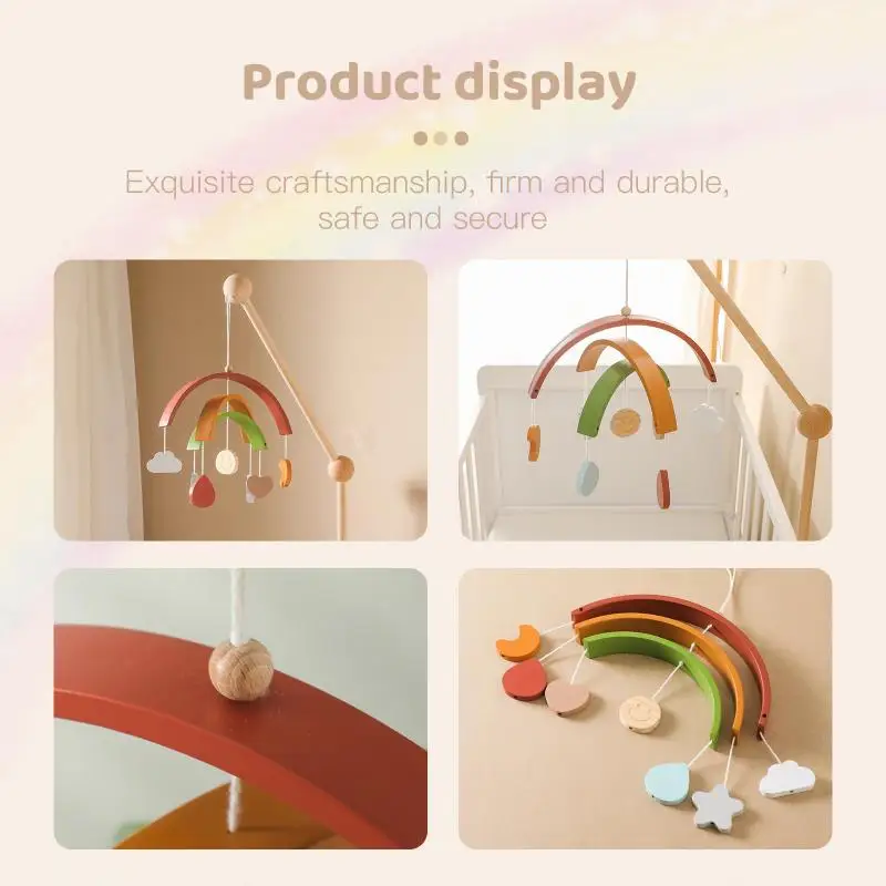 Rattle Toys 0-12 Months Wooden Bed Bell Rainbow Cartoon Rabbit Mobile Hanging Rattles Toys Hanger Crib Mobile Bracket Wood Toys