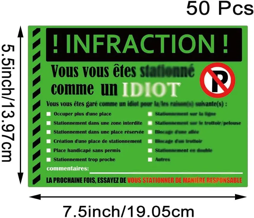 

French You Parked Like an Idiot Business Sticker 7.5x5.5 inch Vous Vous êtes stationné Comme an Idiot Sticker Multi Reasons