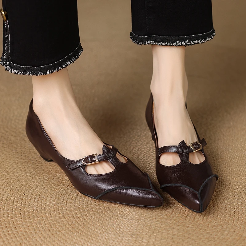 

Women's New Spring and Autumn Genuine Leather Sheepskin Pointed Metal Belt Buckle Mid Heel Large Mary Jane Shoes Single Shoes
