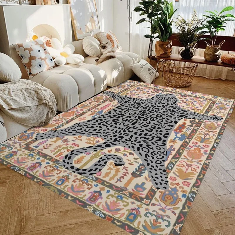 Modern Leopard Print Mix Carpet with Bohemian Style Border Colorful Floral Design Non-Slip Large Area Rug for Cozy Home Interior