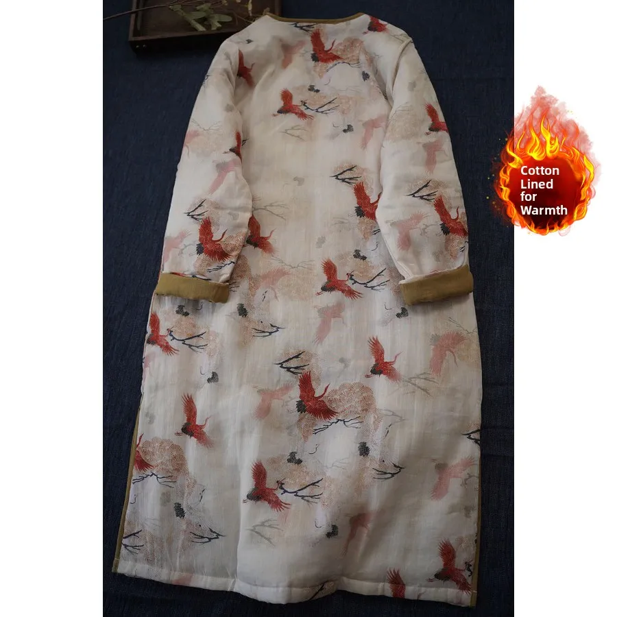 

Длинная юбка из смеси хлопка в стиле ретро в китайском стиле с принтом журавля, большие размеры, зимняя теплая повседневная свободная длинная юбка на пуговицах со средней талией...