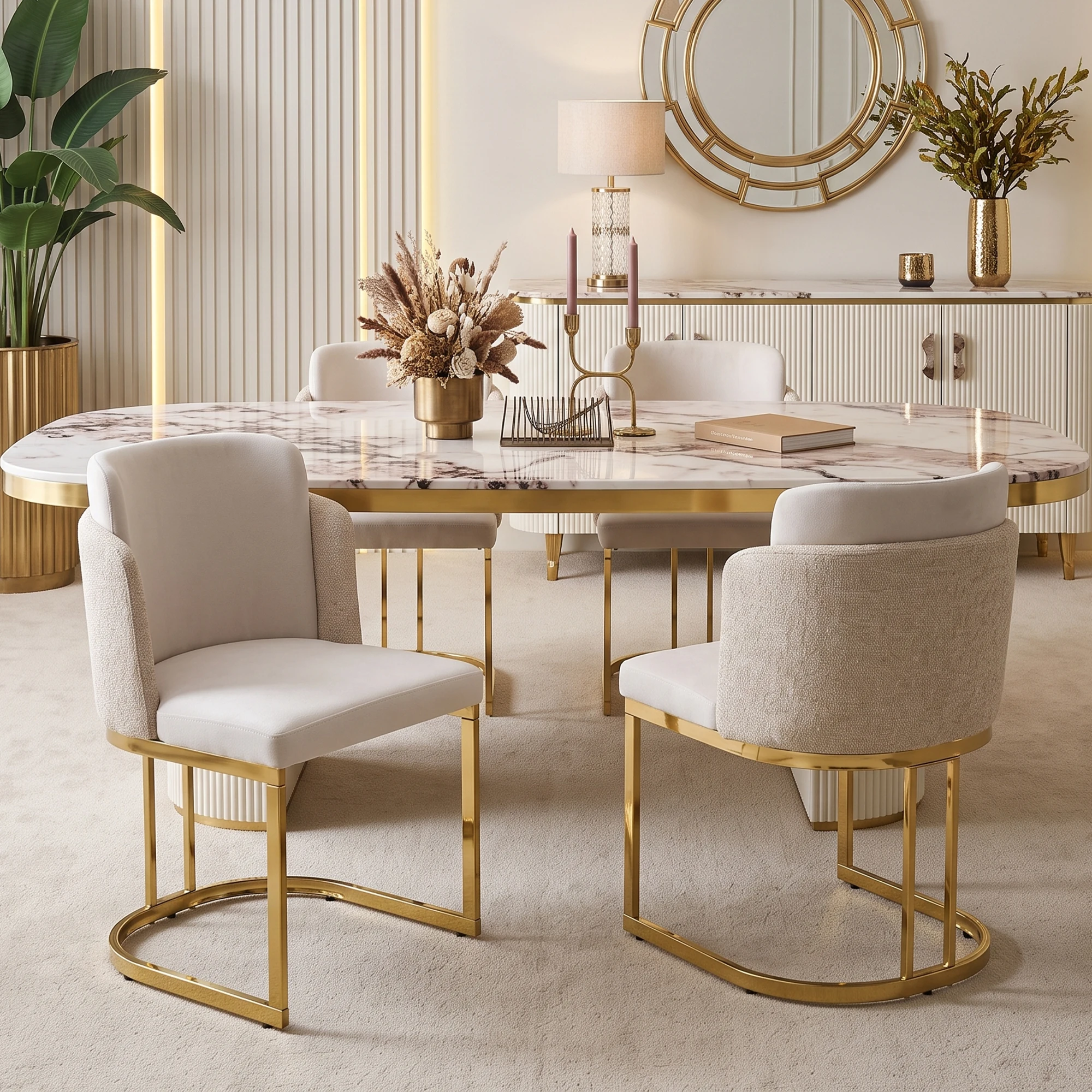 Ensemble de 4 chaises de salle à manger modernes, revêtement en chenille beige avec pieds en métal galvanisé doré, design confortable et respirant avec double dossier, coussin en mousse haute densité, style élégant pour restaurant, salon, café