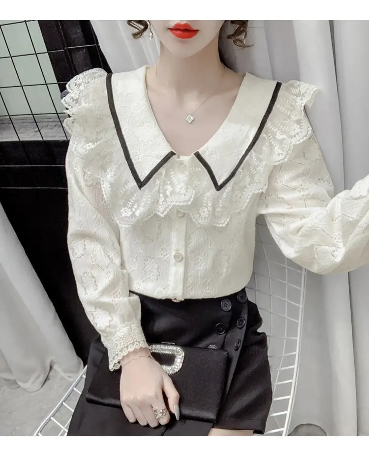 Doll Collar Lace Bottom Shirt Women\'s New Fashionable and Stylish Long Sleeved Versatile Top