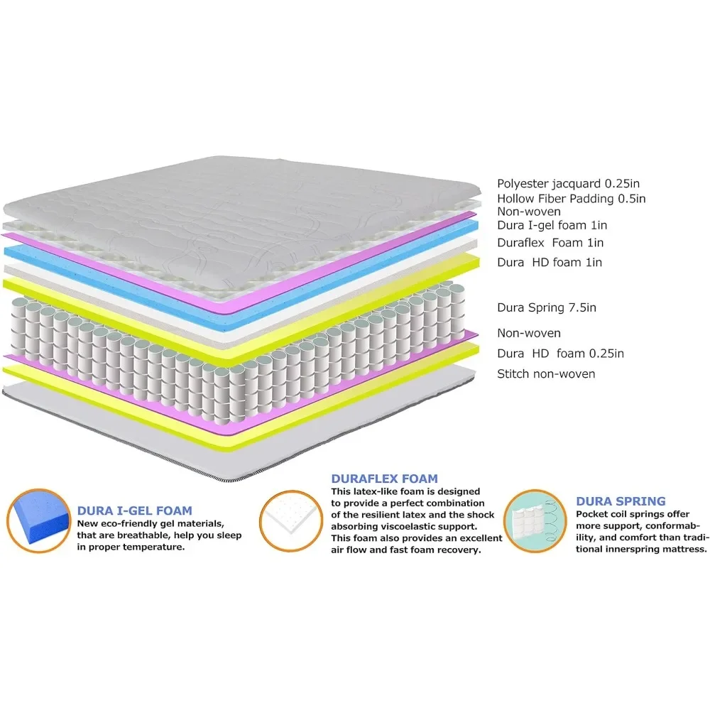 Matelas hybride Nuage de support, matelas Queen, mousse à mémoire de forme infusée au gel, ressort de poche pour les instituts de soutien et de pression, 10 po