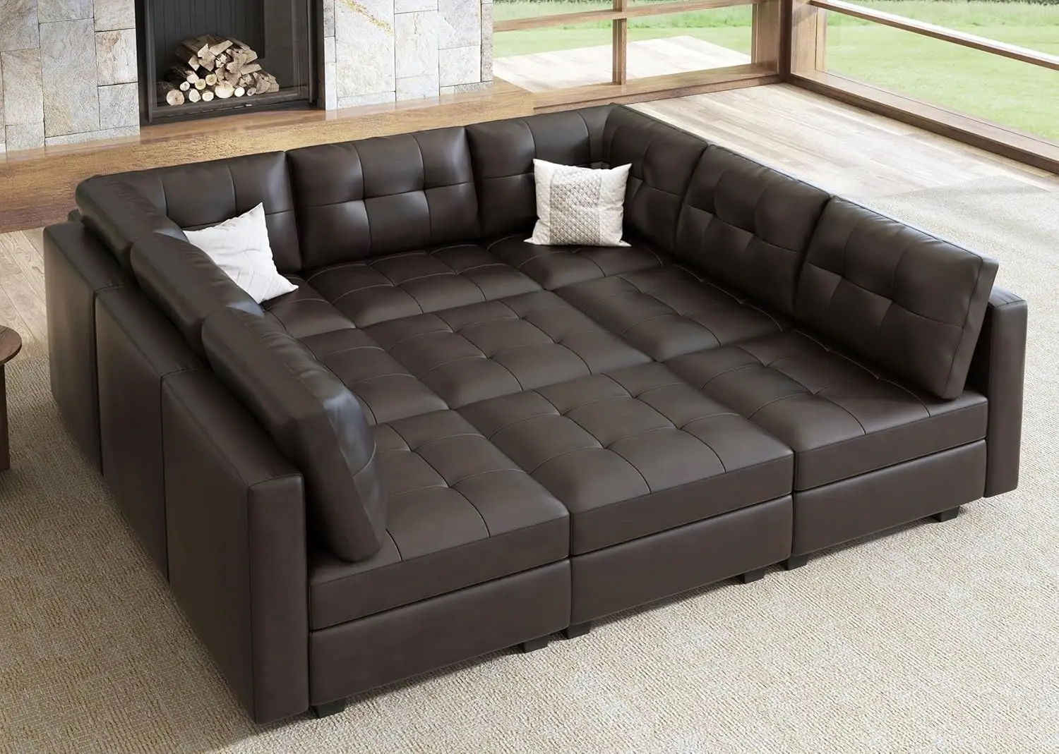 

HONBAY Modular Sectional Couch Sectional Sleeper Sofa with Storage Faux Leather 9-Seater Sofa Bed for Living Room, Brown