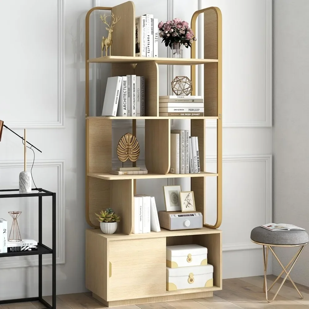 

Bookshelf with 4 Tiers and 8 Open Shelves and Sliding Door,Freestanding Decorative Metal and Wood Storage Shelves, Bookcases