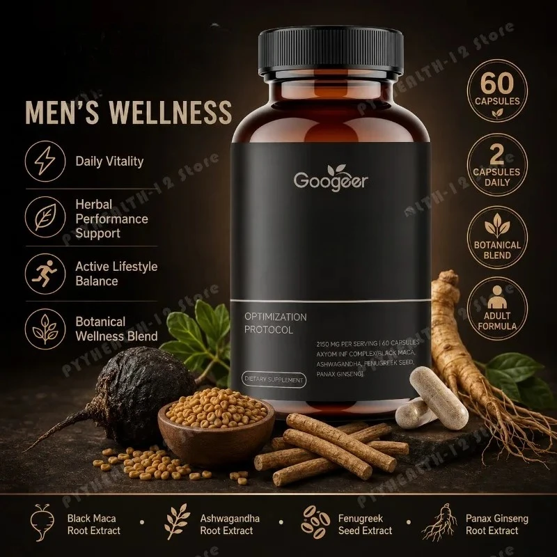 Googeer Men's Performance Capsules with Black Maca 185mg, Ashwagandha 140mg, Fenugreek & Panax Ginseng, Energy & Vitality 60ct