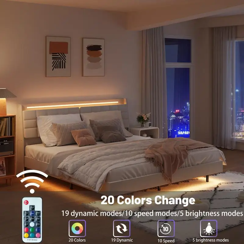 Marco de cama King con luz LED y estación de carga, cama con plataforma tapizada con cabecera, almacenamiento oculto, sin somier
