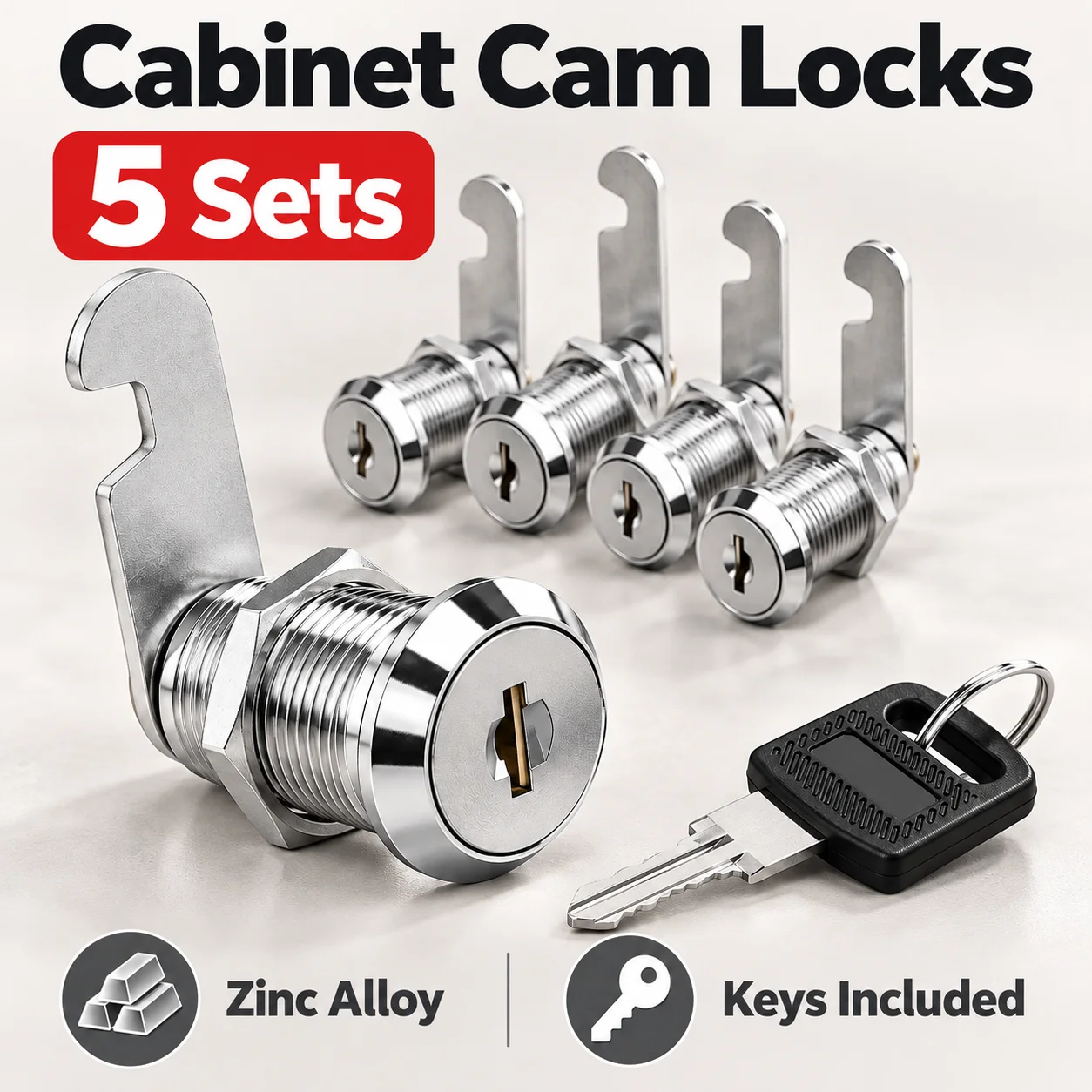 5 Pack Zinc Alloy Cabinet Cam Locks with Keys, 16-30mm Cylinder for Mailbox, File Drawer, Cabinet and Compartment Security