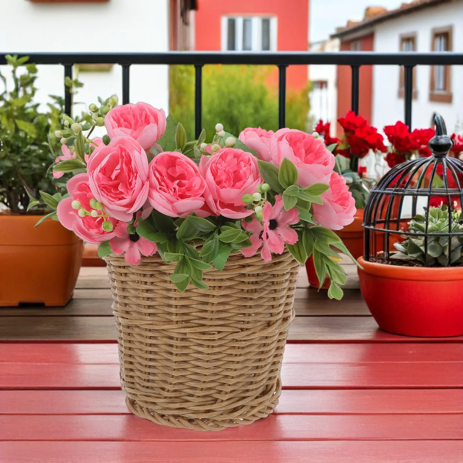 Woven Flower Arrangement Basket Round Planter for Indoor Outdoor Plants Simulation Rattan Decorative Basket with Plastic Liner