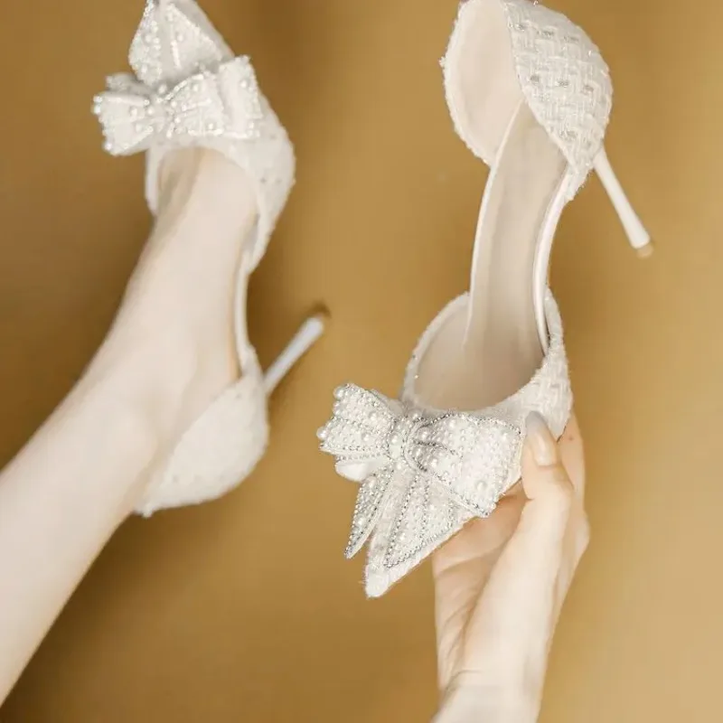 

White Pearl Bowknot Women Pumps Sexy Pointed Toe High Heels Wedding Prom Shoe PVC Transparent Sandal Female