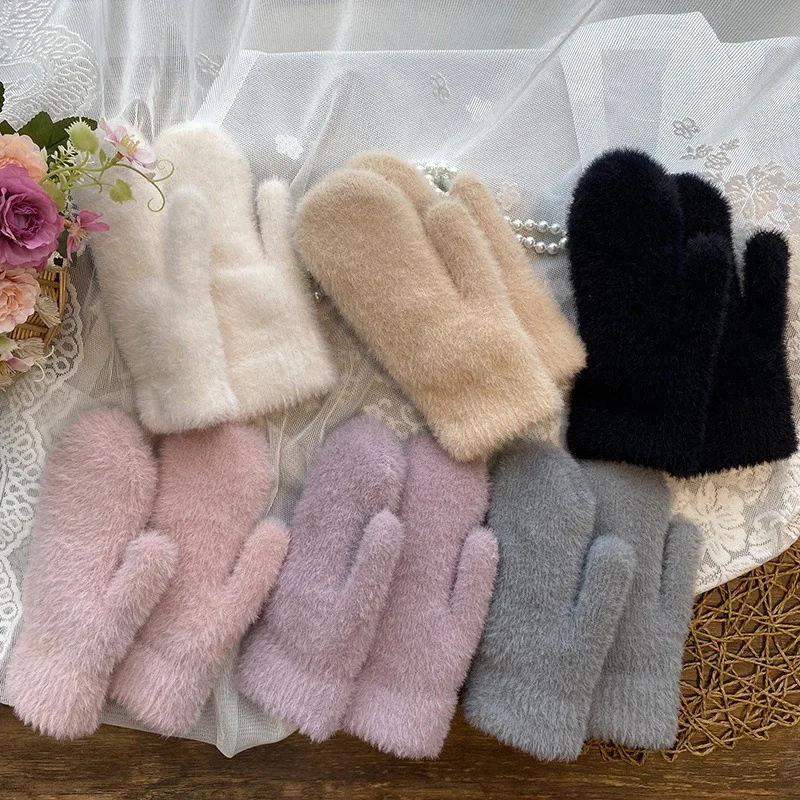 Winter Women Wool Cashmere Knitted Gloves Warm Mitten Winter Plus Velvet Thicken Double Layer Plush Full Finger Driving Gloves