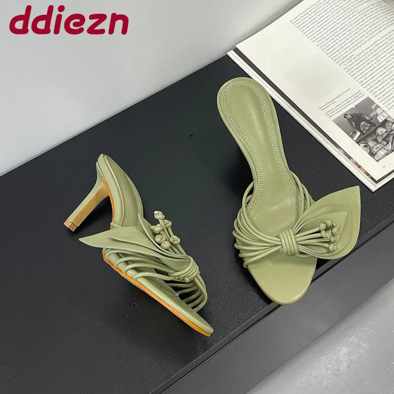 

Green Footwear Butterfly-Knot Women Heels Slides Shoes Female Slippers Fashion Round Toe Ladies High Heels Sandals Shoes Pumps