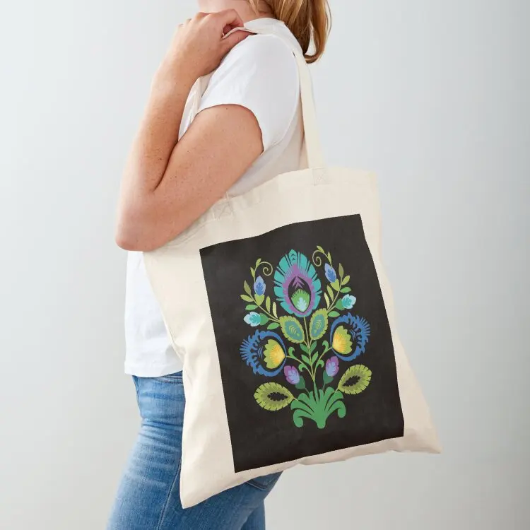

Polish Folk Flowers Teal on Black Tote Bag great bag Women's beach bags reusable shopping bags free delivery bags