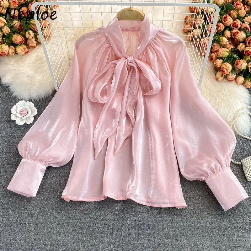 Neploe Fashion Temperament Tops Women Autumn New Fairy Loose Blouse Woman Bow V-neck Solid Color Blusas Mujer De Moda 2024