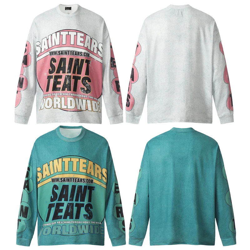 Autumn Winter Saint Long Sleeve T-shirt Abstract Letters Graffiti Pullover High Street Hip Hop Men Women Crewneck Cotton Tops