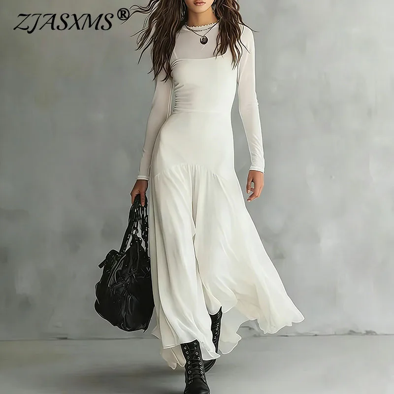 

2026 Spring New Elegant Mesh Perspective Long Dress Sexy O Neck Hollow A-Line Evening Dress Summer Sheer Sleeves Slim Boho Dress