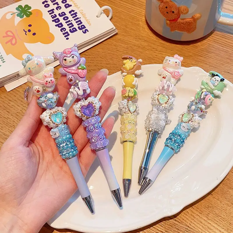 

6Pcs Hot Miniso Kawaii Crystal Diamond 0.25Mm 1Mm Black Gel Pen Hello Kitty Cartoon Cute Student Bead Pen Fashion Stationery Kit