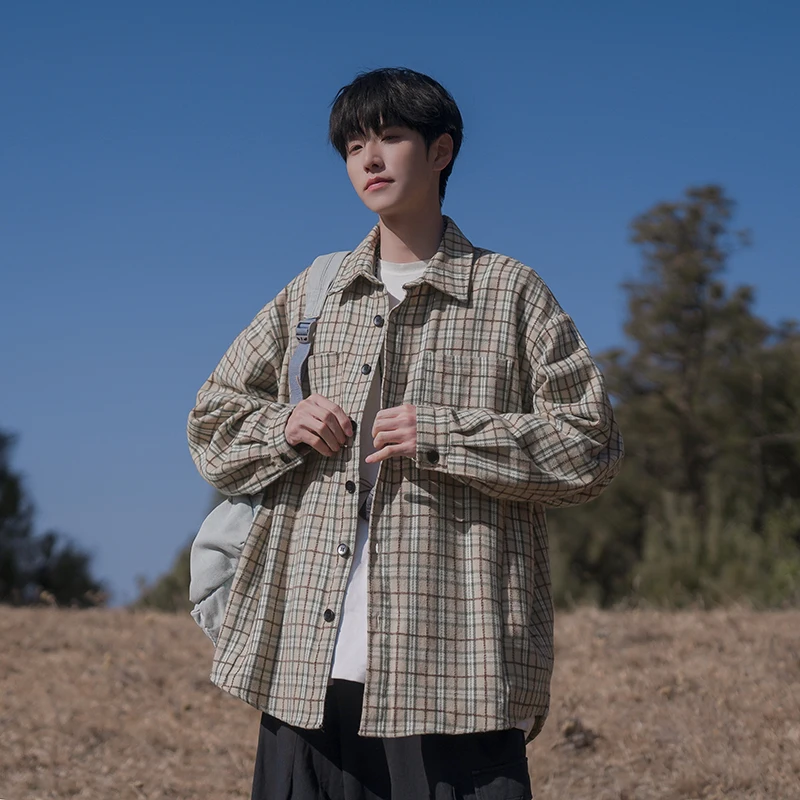 

Loose Long Sleeve Plaid Shirt for Teenage Boys Japanese Retro Cityboy Style Spring Autumn Trendy Outerwear Casual Shirt