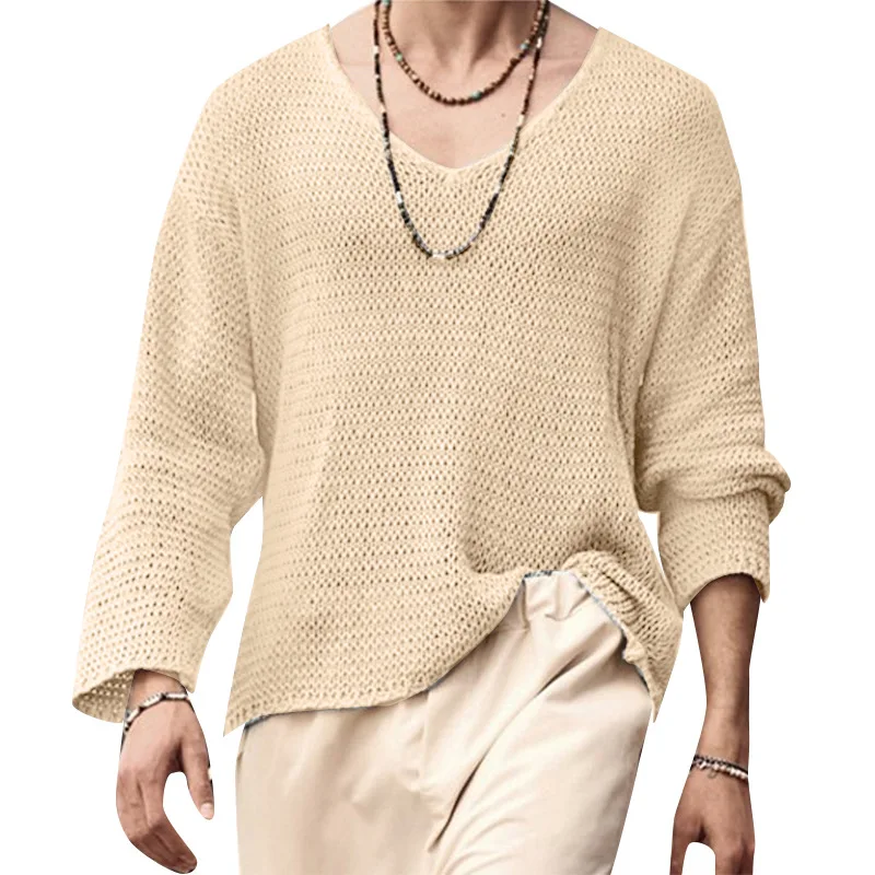 Men Pullovers Solid Sweaters Long Sleeve V Neck Knitted Sweater Hollow Out Loose Casual Autumn 2025 Slight Strech Vintage Tops