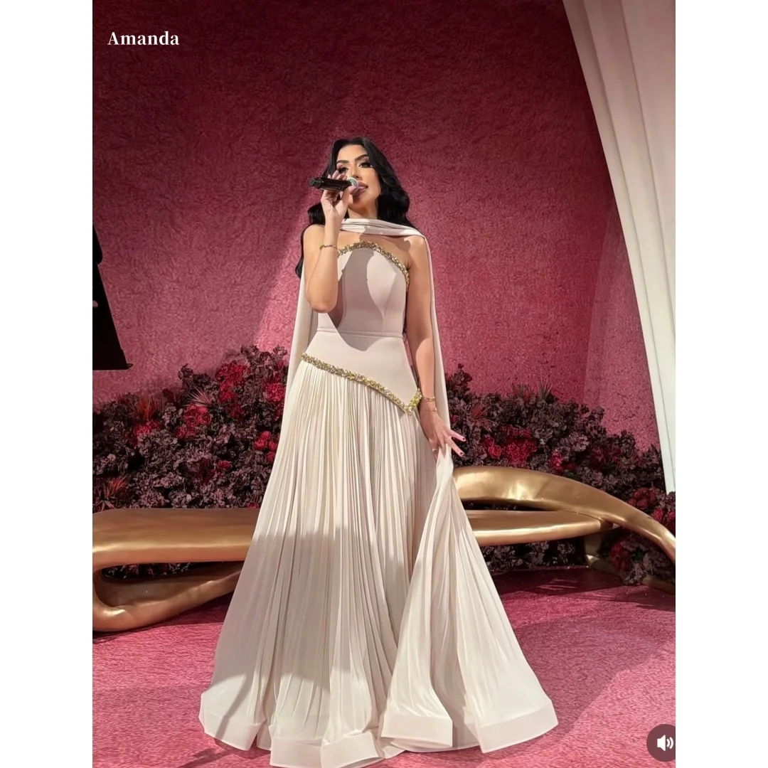 

Amanda Customized Cream One Shoulder Gold Trim Pleated Cape Formal Evening Prom Dress vestidos de noche 2026 New Arrival Style