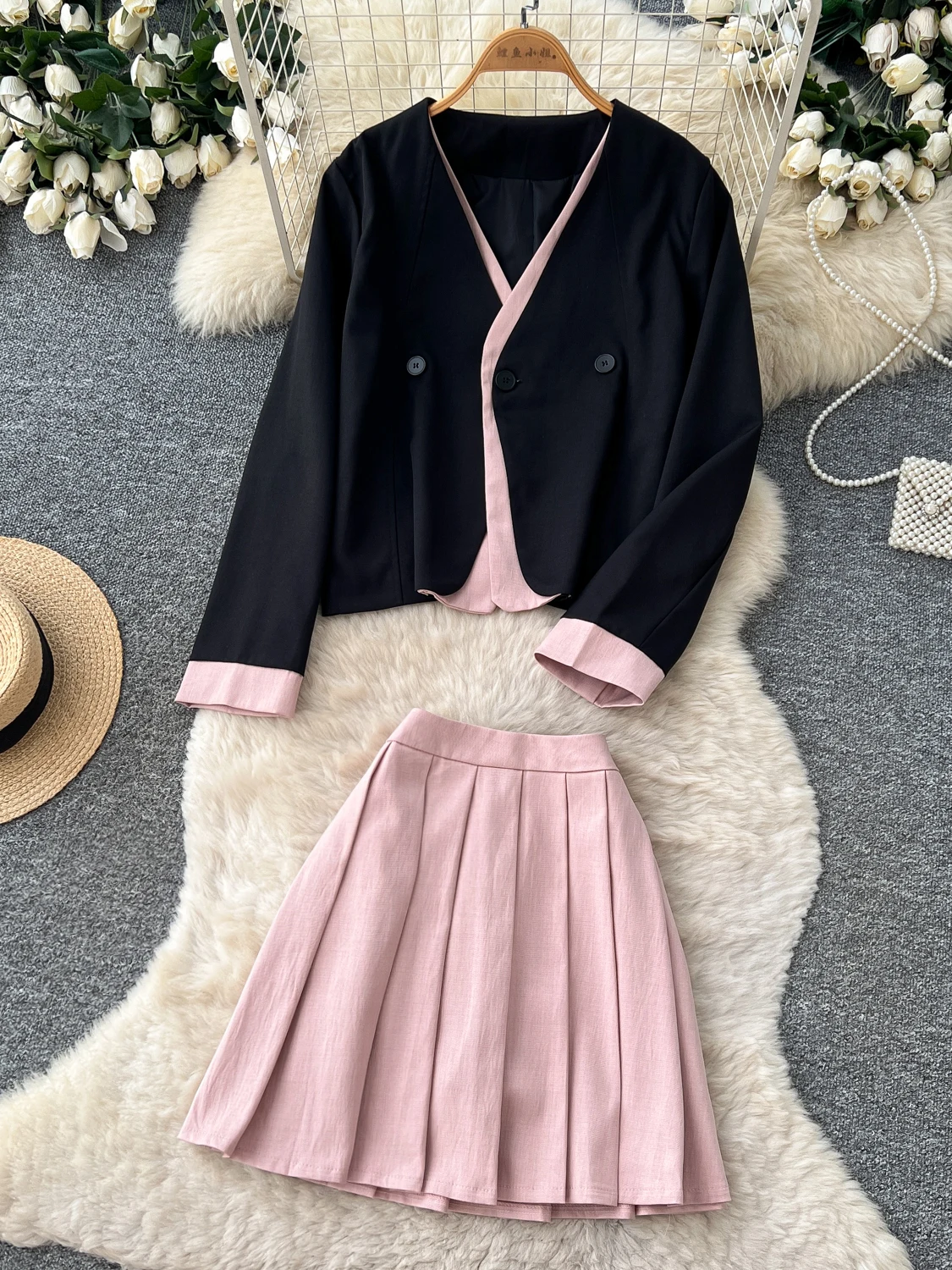Korean College Style Suit Jacket And Half Skirt Two Piece Set Women's Autumn Small Size Elegant High End Feeling Set