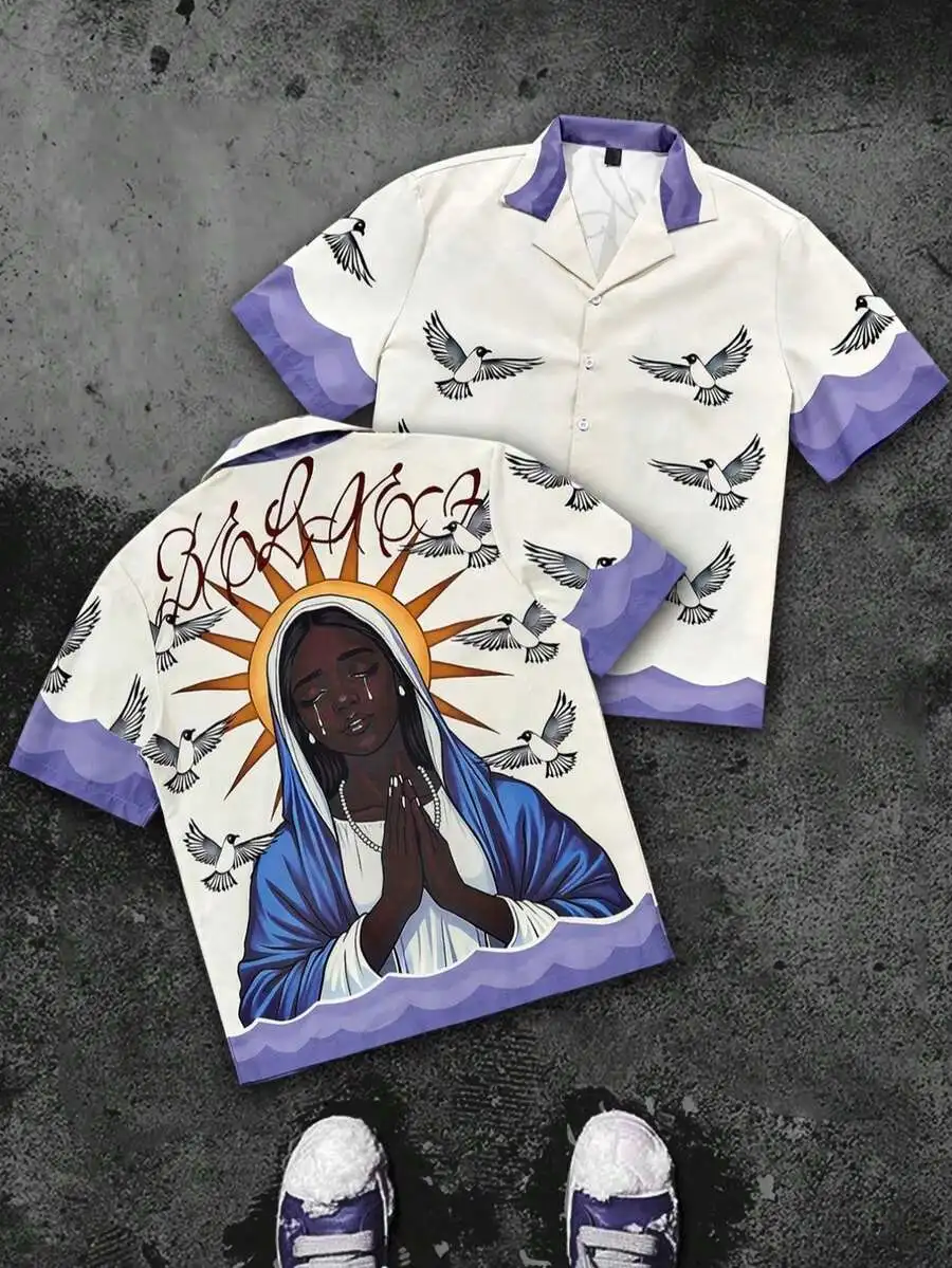 

Мужская рубашка с коротким рукавом на пуговицах с религиозным принтом и изображением голубя