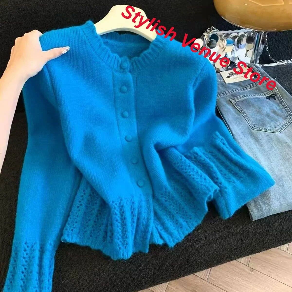 French Hollow Long-sleeved Round Neck Button Knitted Cardigan Women's Autumn and Winter New Design Fashion High-grade Casual Top