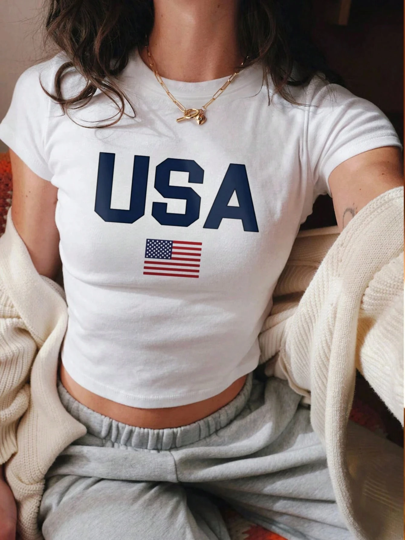 Women's American Retro Casual Lolita Style - USA Flag Pattern - Tight Fit Short Sleeve Shirt