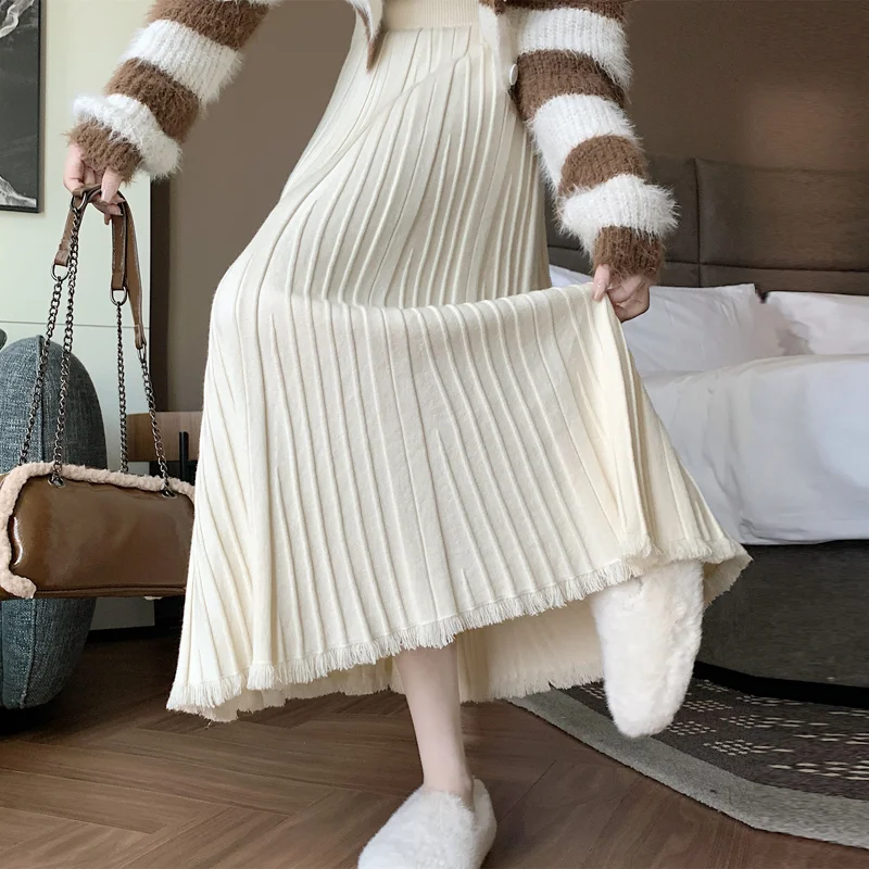 

Корейская трикотажная юбка с кисточками, женский осенне-зимний одинаковый свитер с высокой талией, тонкая юбка трапециевидной формы, длинная юбка-зонтик